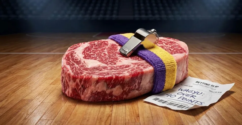 This image plays on a famous piece of trivia about Kobe Bryant - that he was named after Kobe beef, a premium Japanese Wagyu steak. The visual humor connects that origin story with sports and betting culture.