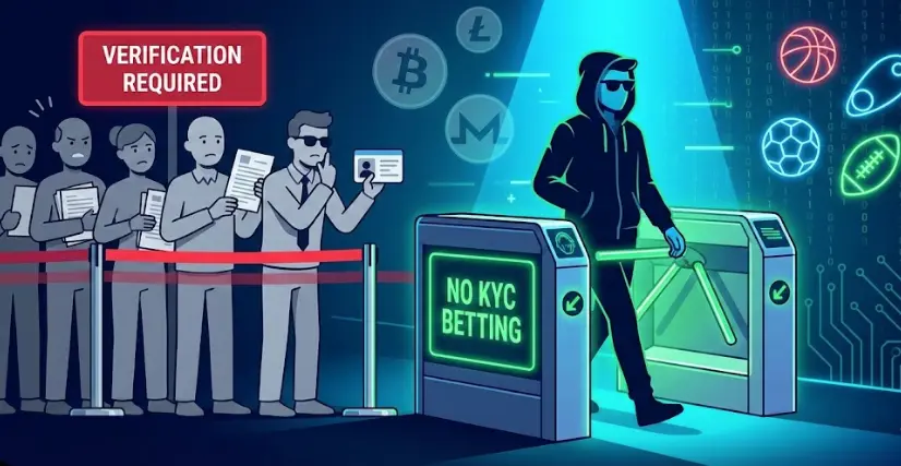This illustration contrasts two different approaches to online betting accounts: traditional platforms that require identity verification (KYC) and platforms that allow betting without KYC checks.
