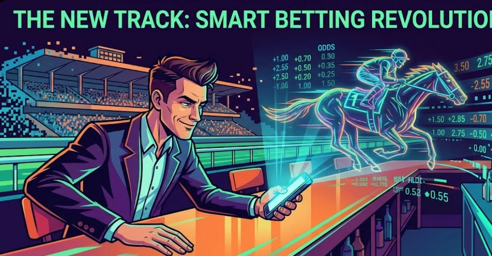 A confident bettor sits at a bar inside a horse racing stadium.