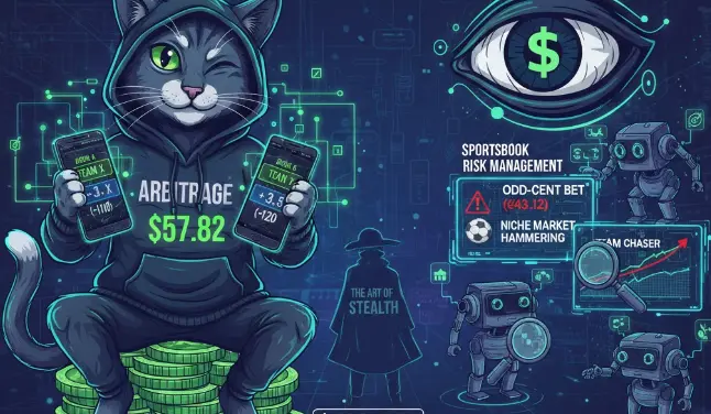 A hooded cat character (suggesting cleverness and stealth) holds two smartphones showing different betting odds for the same game. The hoodie reads “Arbitrage $57.82.