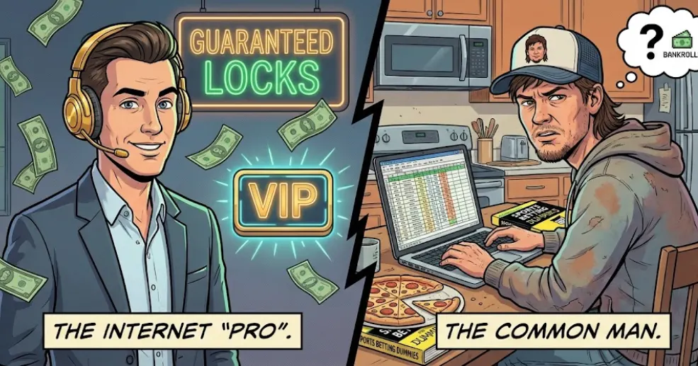 The image highlights the difference between promotional betting “gurus” who promise easy profits and the real-world complexity faced by everyday bettors.