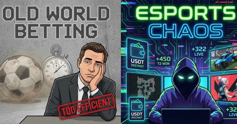 This illustration contrasts traditional sports betting with esports betting, highlighting how esports markets can be faster, more volatile, and sometimes more profitable for bettors.