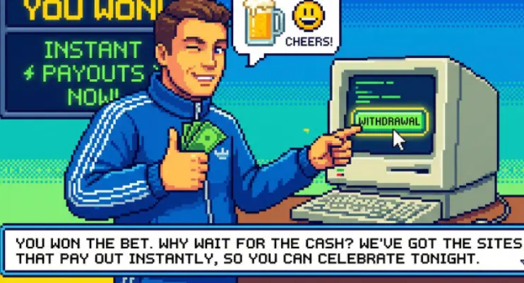 A man in a tracksuit is smiling and holding cash, clearly happy about a successful bet.
