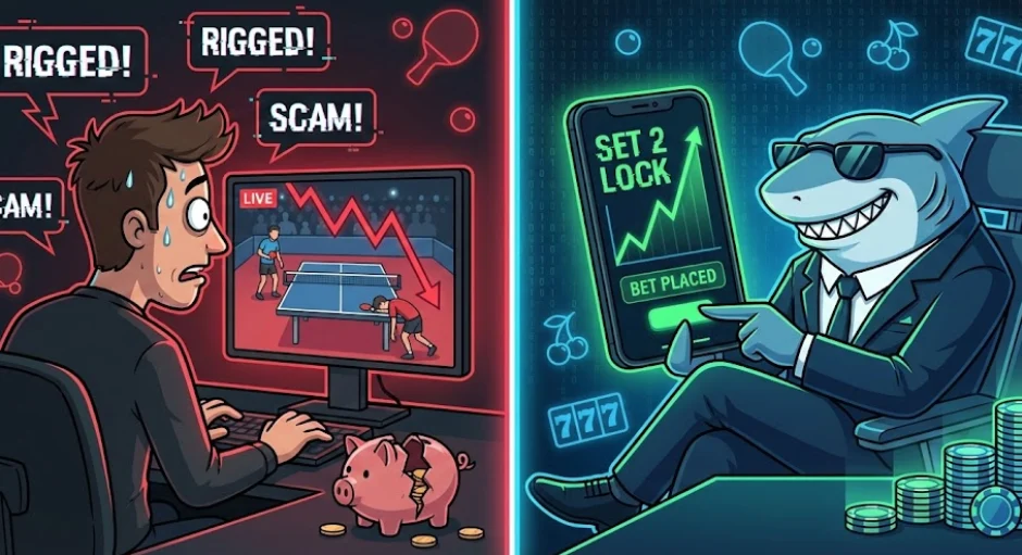 This illustration contrasts two very different bettor experiences: a frustrated casual bettor who believes a match is rigged, and a confident “sharp” bettor who profits from reading the market correctly.
