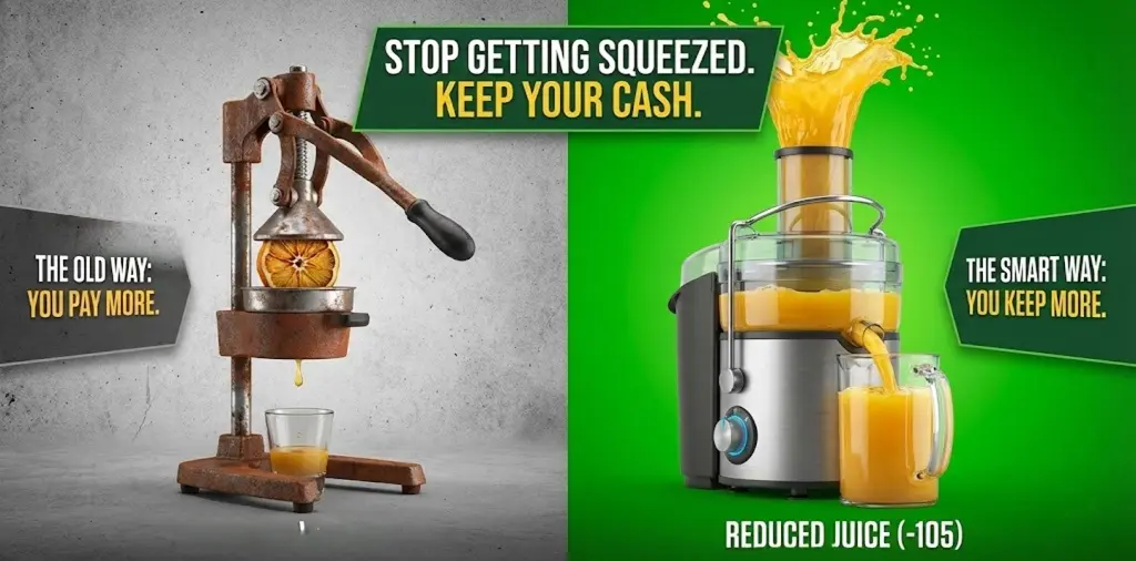 This image uses a juicing metaphor to compare two financial approaches: an old, inefficient system that squeezes users versus a modern system that lets users keep more of their money.