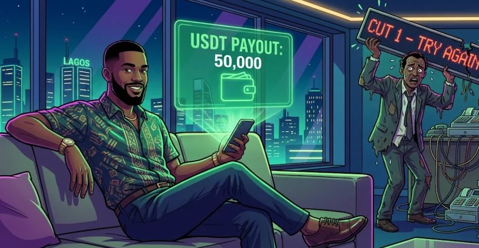 A relaxed man sits comfortably on a couch in a modern apartment overlooking a city skyline labeled “Lagos.”
