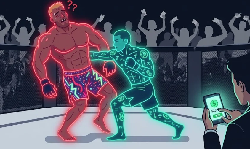 This illustration depicts a symbolic MMA fight representing analytical betting versus pure physical performance, emphasizing the idea that data and strategy can outperform raw power in sports betting.