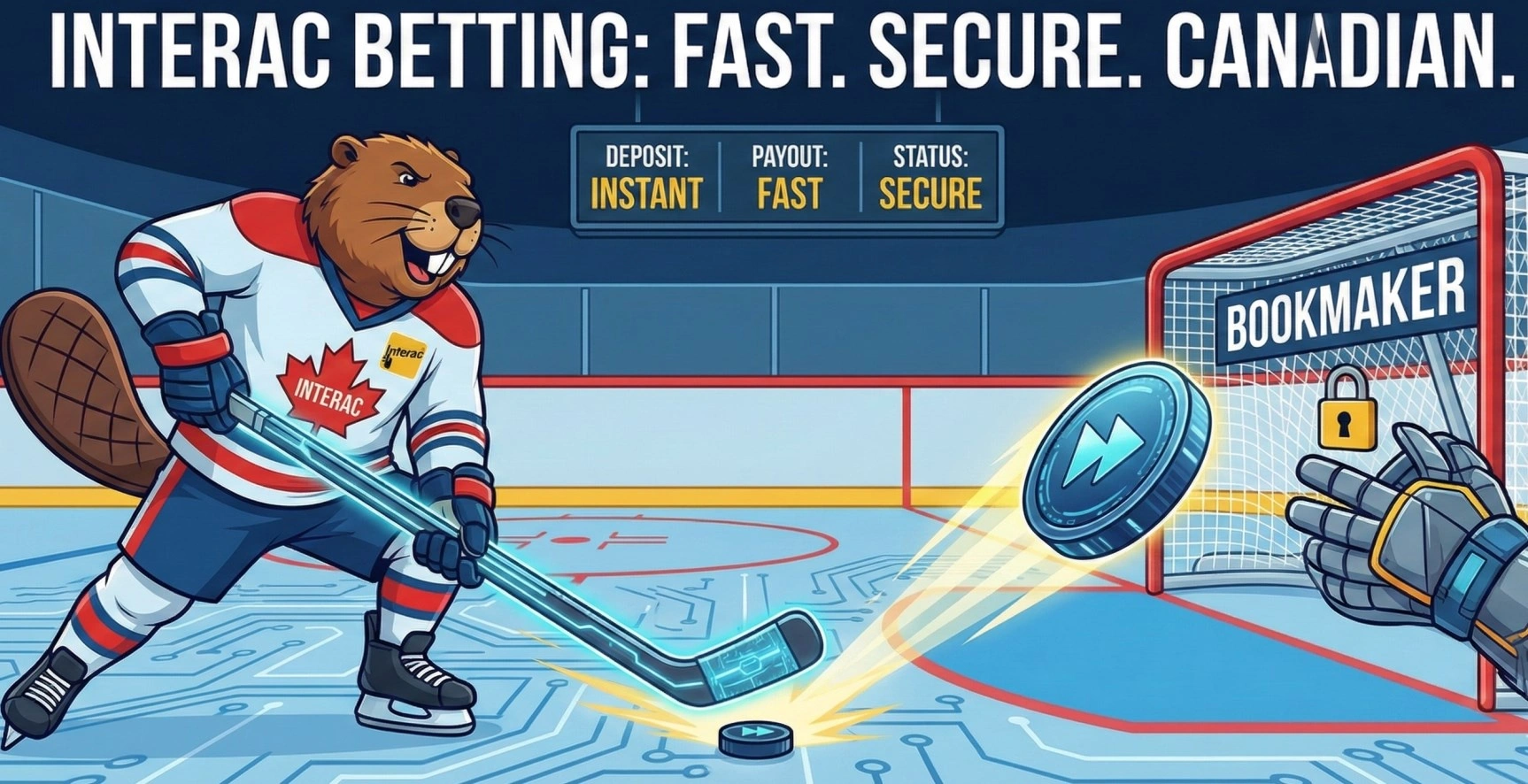 A cartoon beaver wearing a Canadian hockey jersey is taking a slapshot.
