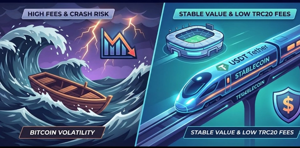 This illustration compares two types of cryptocurrency used for online payments or betting—volatile cryptocurrencies like Bitcoin versus stablecoins like USDT (Tether).