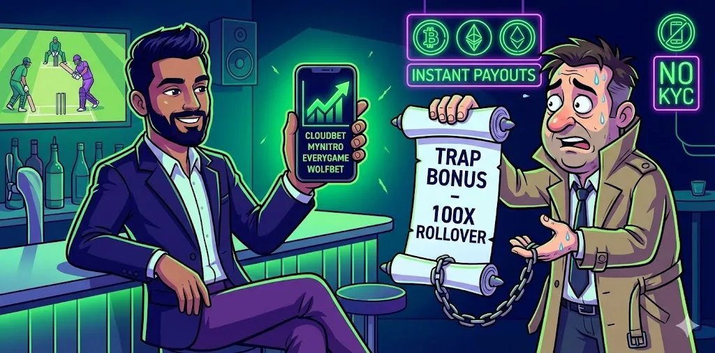 This illustration contrasts two types of betting offers: legitimate platforms with fast payouts versus deceptive promotions that trap users with harsh bonus conditions.