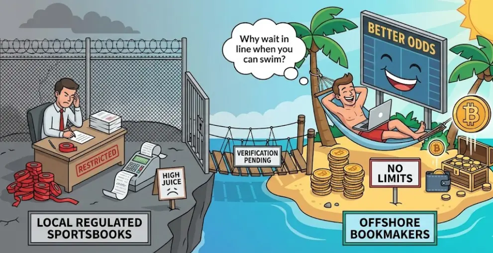 The image portrays offshore sportsbooks as more flexible, with higher limits and potentially better betting opportunities.