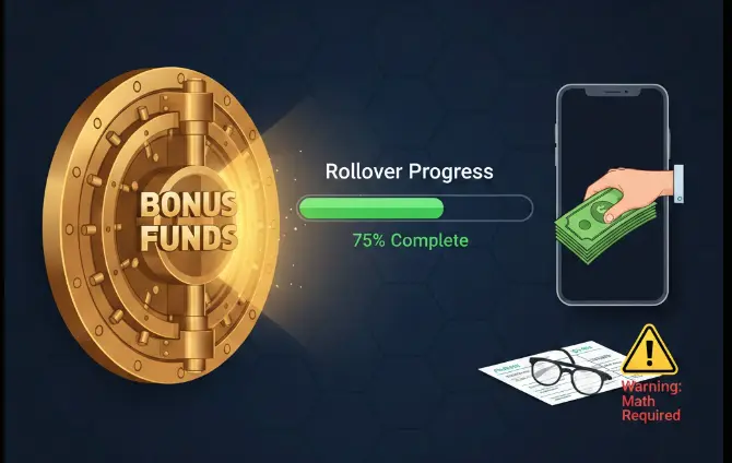 In the center, a progress bar labeled “Rollover Progress – 75% Complete” shows that the bettor has completed most of the wagering requirement.