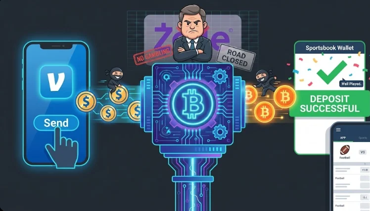 This illustration depicts how cryptocurrency can be used as an intermediary to fund betting accounts when traditional payment platforms block gambling transactions.
