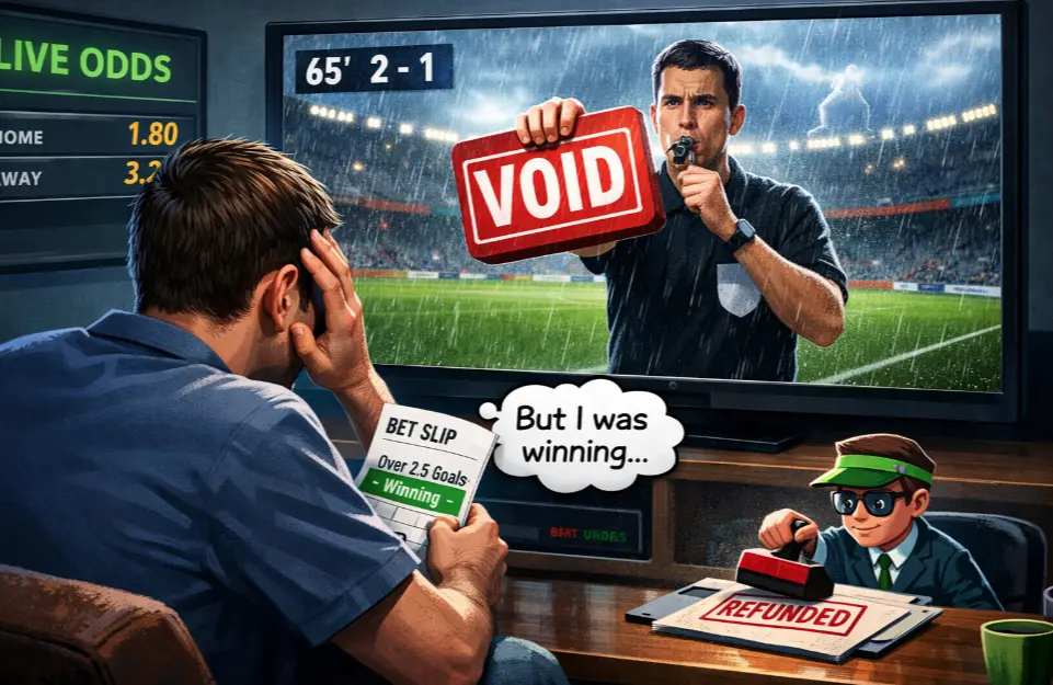 A man sits on a couch watching a football (soccer) match on TV while holding a betting slip labeled “Bet Slip.